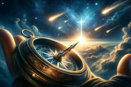 Prime Directive – A compass with the needle pointing towards a bright star in the sky, symbolizing the idea of a Prime Directive as the true north star. The image shoul